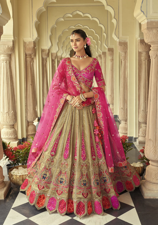 Cream & Rani Pink Silk Heavy Cut Work and Mirror Embroidery Bridal Lehenga