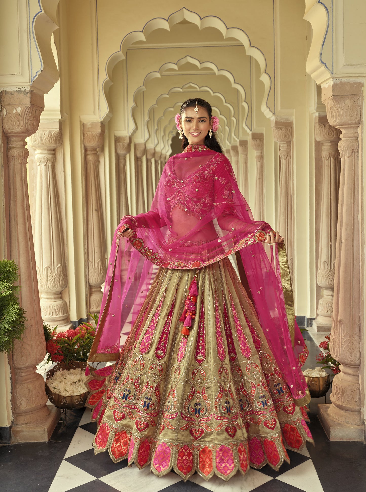 Cream & Rani Pink Silk Heavy Cut Work and Mirror Embroidery Bridal Lehenga
