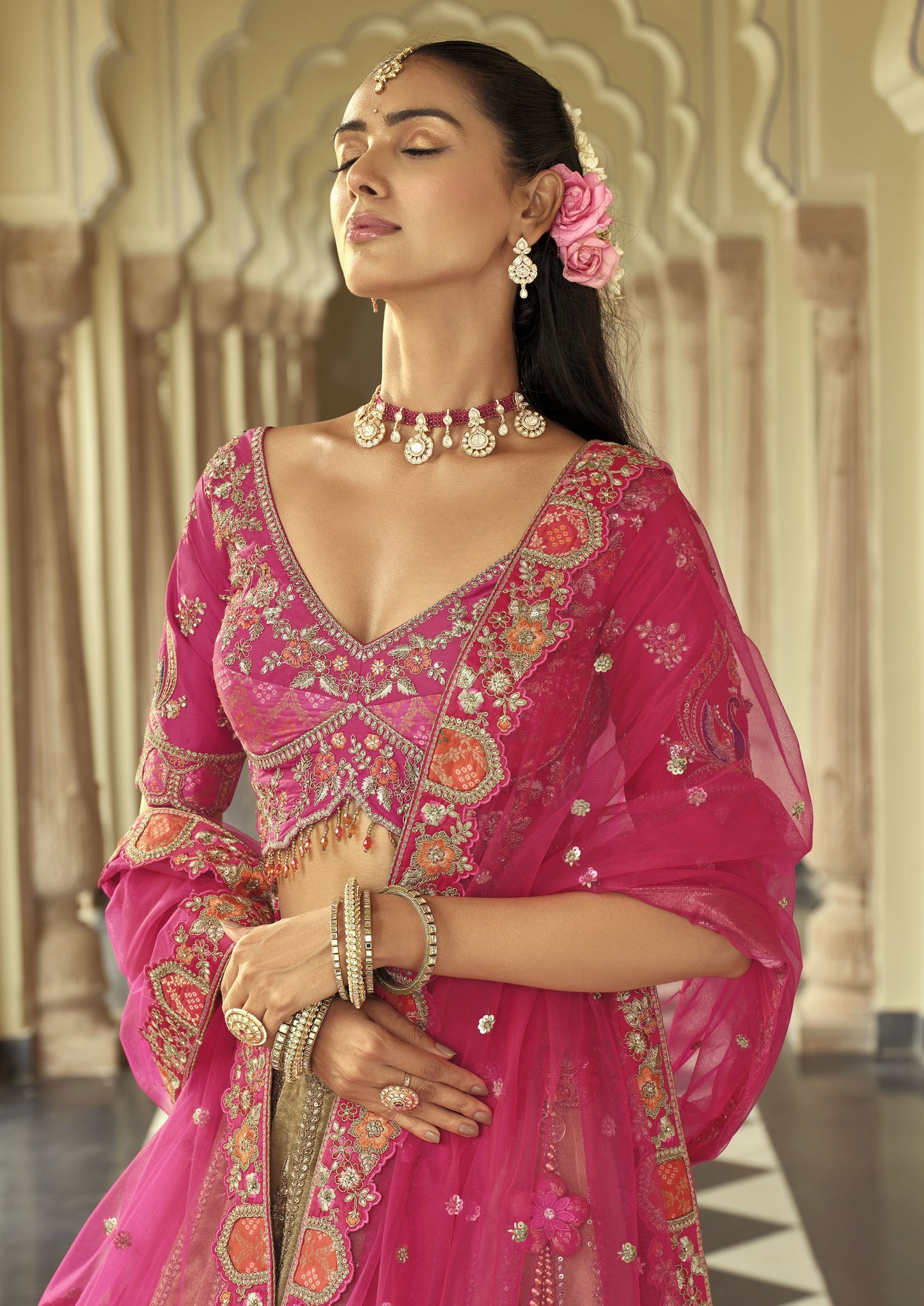 Cream & Rani Pink Silk Heavy Cut Work and Mirror Embroidery Bridal Lehenga