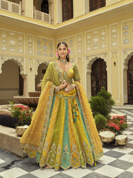 Green & Yellow Silk Heavy Cut Work and Mirror Embroidery Mehendi Lehenga for Bride