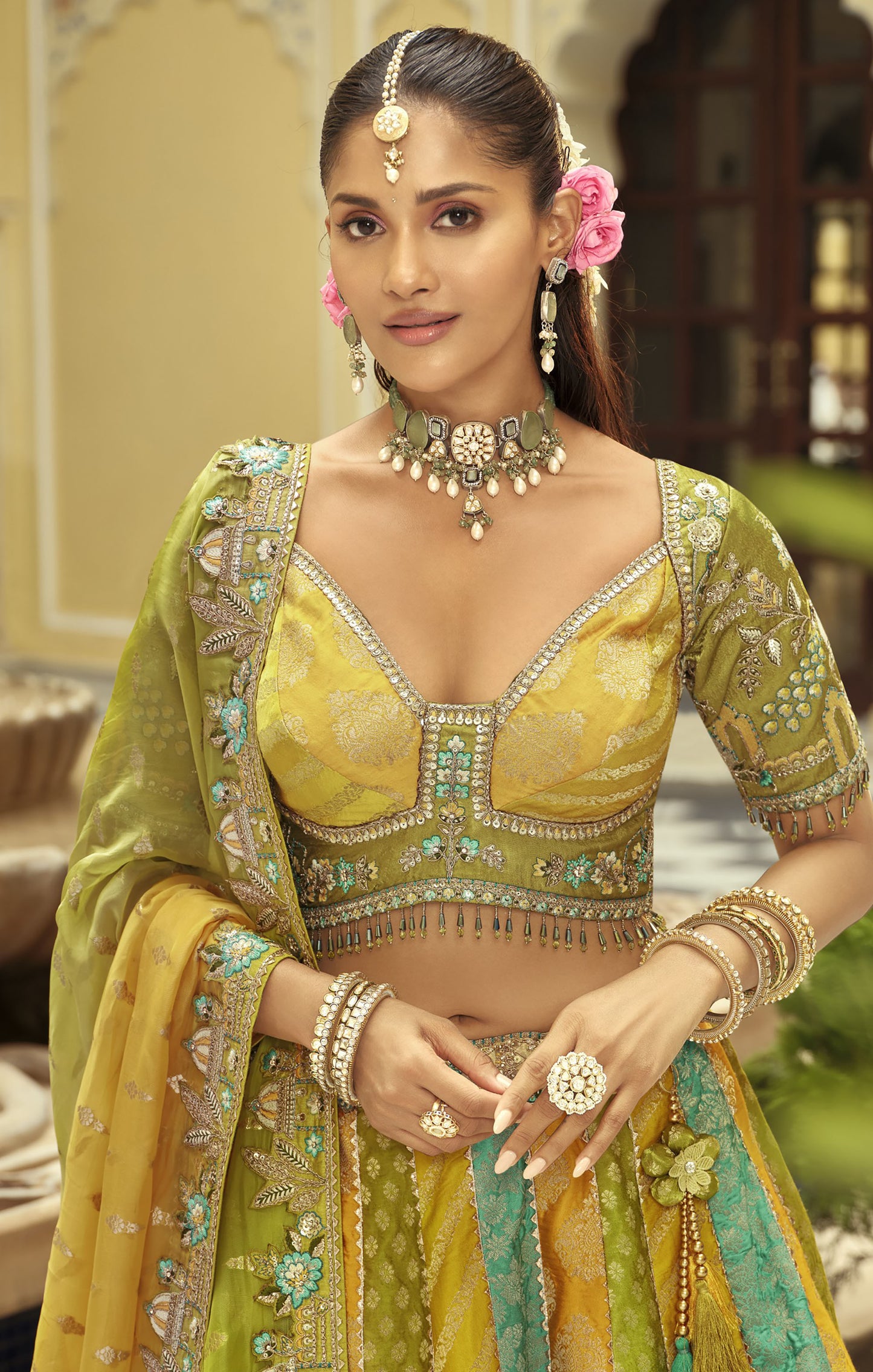 Green & Yellow Silk Heavy Cut Work and Mirror Embroidery Mehendi Lehenga for Bride