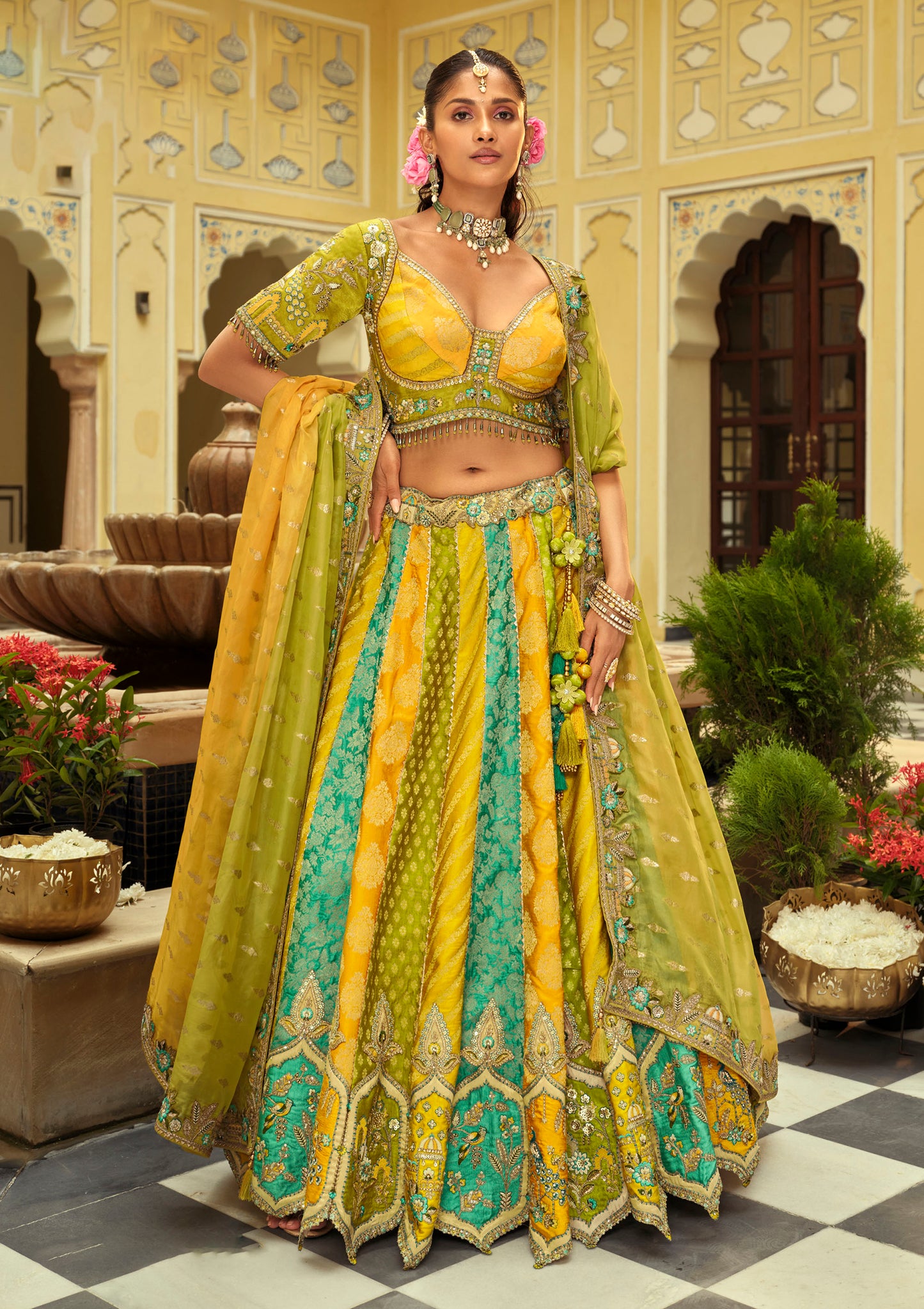 Green & Yellow Silk Heavy Cut Work and Mirror Embroidery Mehendi Lehenga for Bride