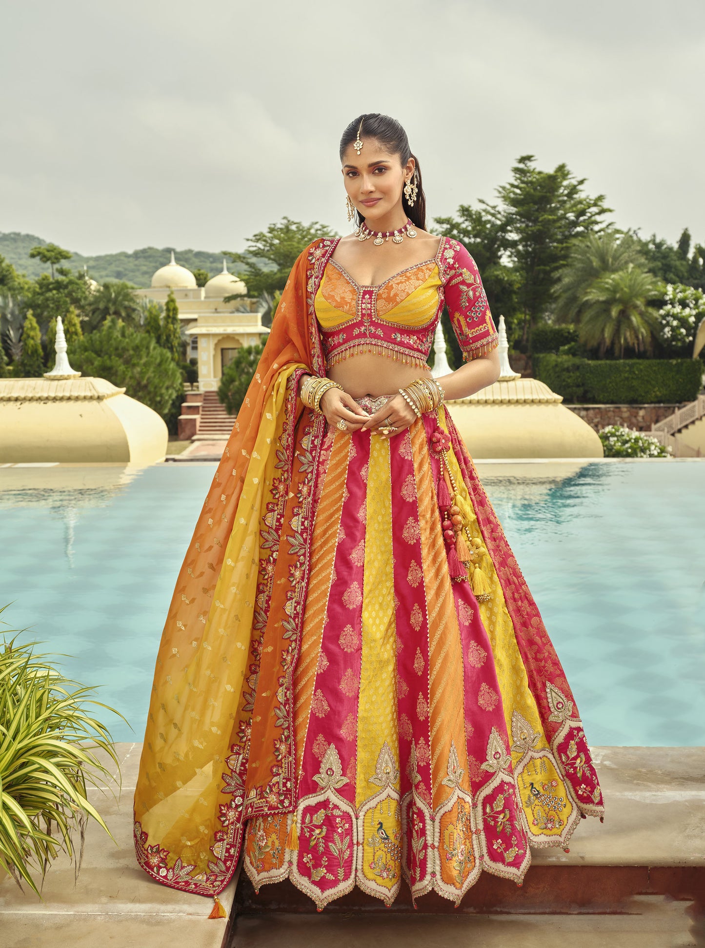 Yellow and Pink Silk Heavy Cut Work and Mirror Embroidery Bridal Lehenga