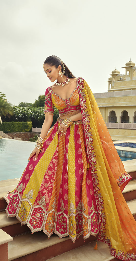 Yellow and Pink Silk Heavy Cut Work and Mirror Embroidery Bridal Lehenga