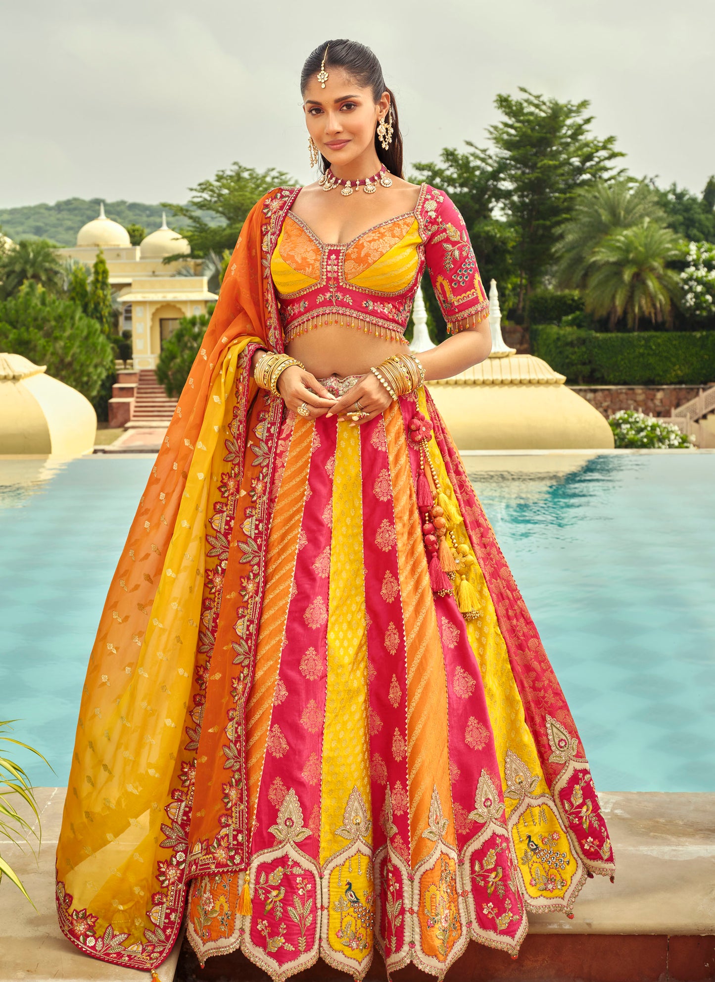 Yellow and Pink Silk Heavy Cut Work and Mirror Embroidery Bridal Lehenga