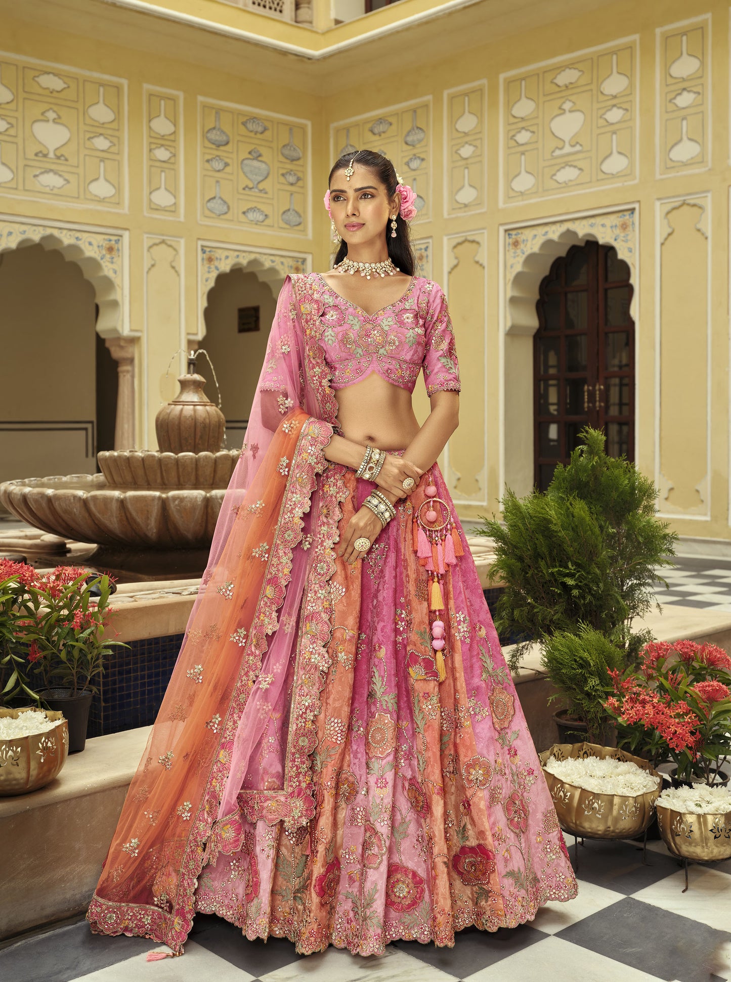 Blush Pink and Mauve Silk Heavy Cut Work and Mirror Embroidery Bridal Lehenga