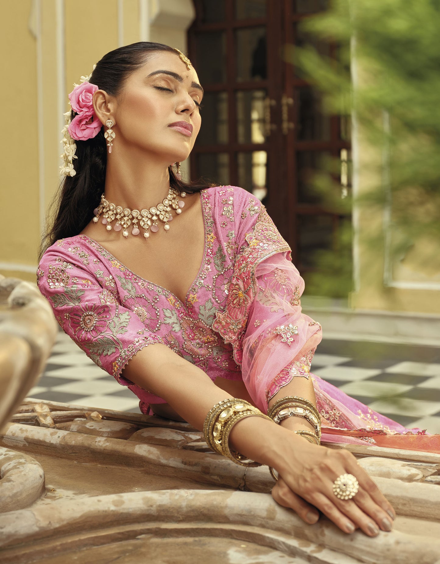 Blush Pink and Mauve Silk Heavy Cut Work and Mirror Embroidery Bridal Lehenga