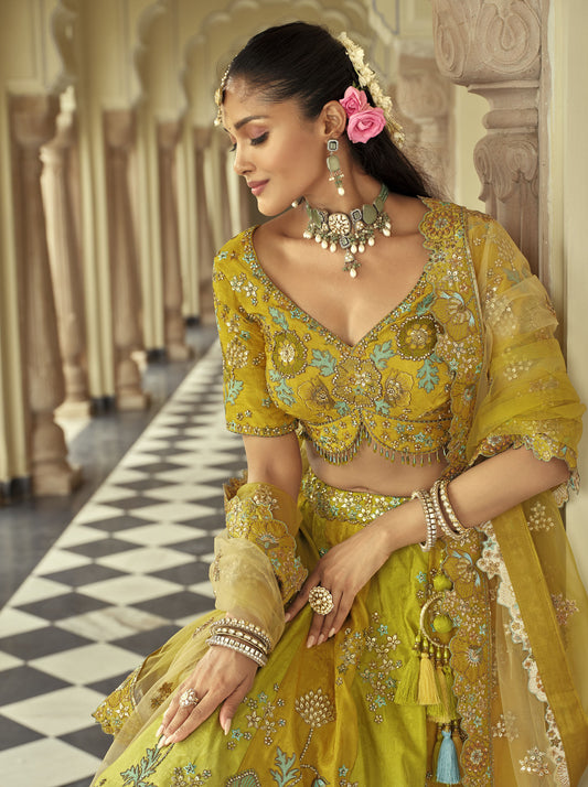Mustard Green Silk Heavy Cut Work and Mirror Embroidery Bridal Lehenga for Mehendi