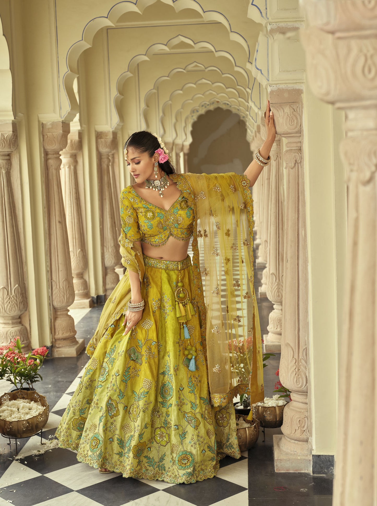 Mustard Green Silk Heavy Cut Work and Mirror Embroidery Bridal Lehenga for Mehendi