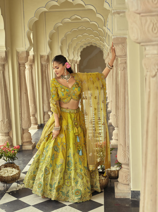 Mustard Green Silk Heavy Cut Work and Mirror Embroidery Bridal Lehenga for Mehendi