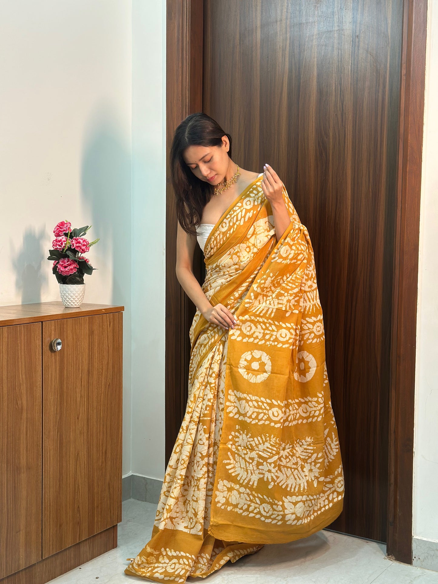 Yellow & Cream Batik Handblock Mulmul Cotton Saree