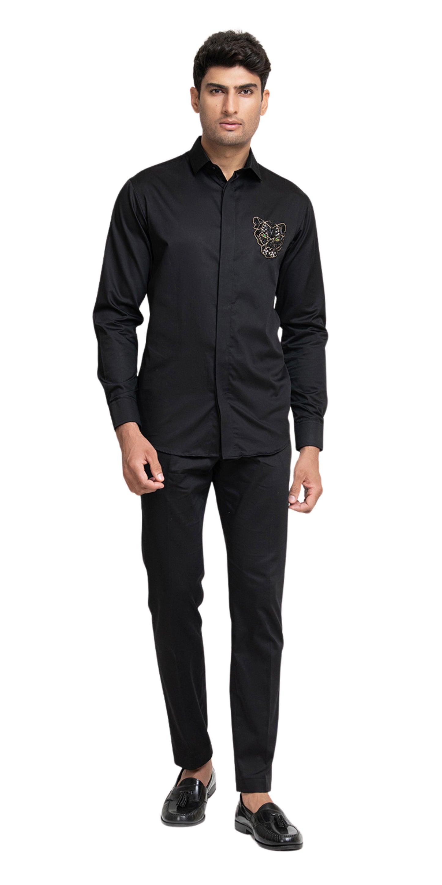 Black Giza Cotton Panther embroidery shirt