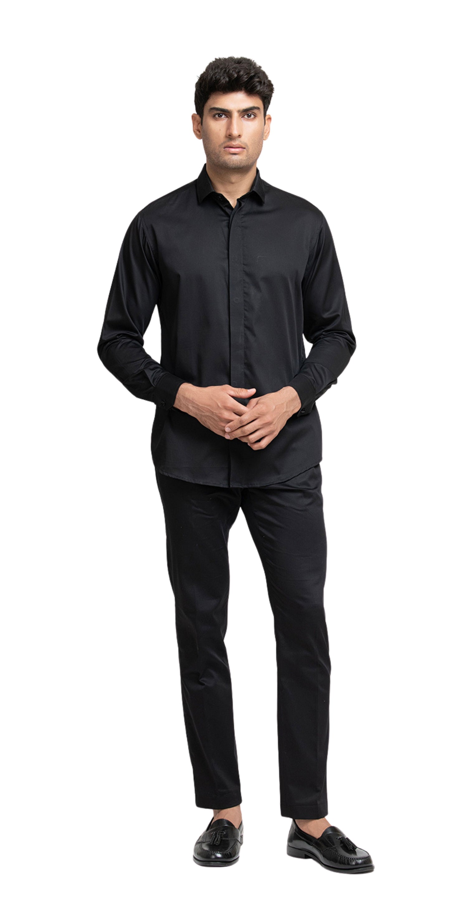 Black Cotton satin perto solid Black Shirt
