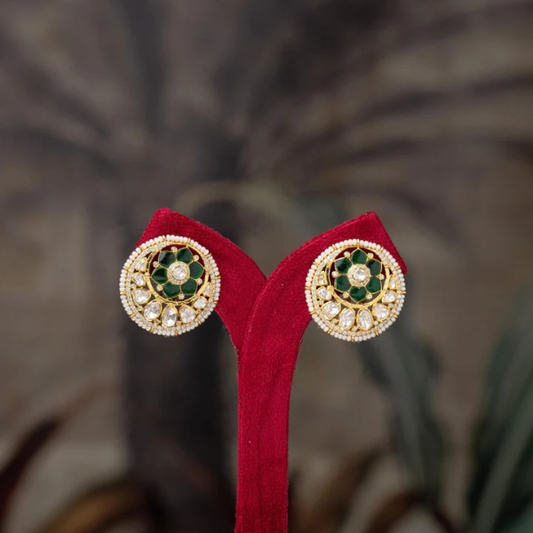 White Moissanite Polkis with Green Stone Silver Studs