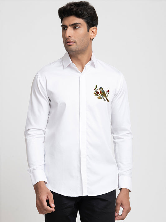 White Giza Cotton Bird and stem embroidery shirt