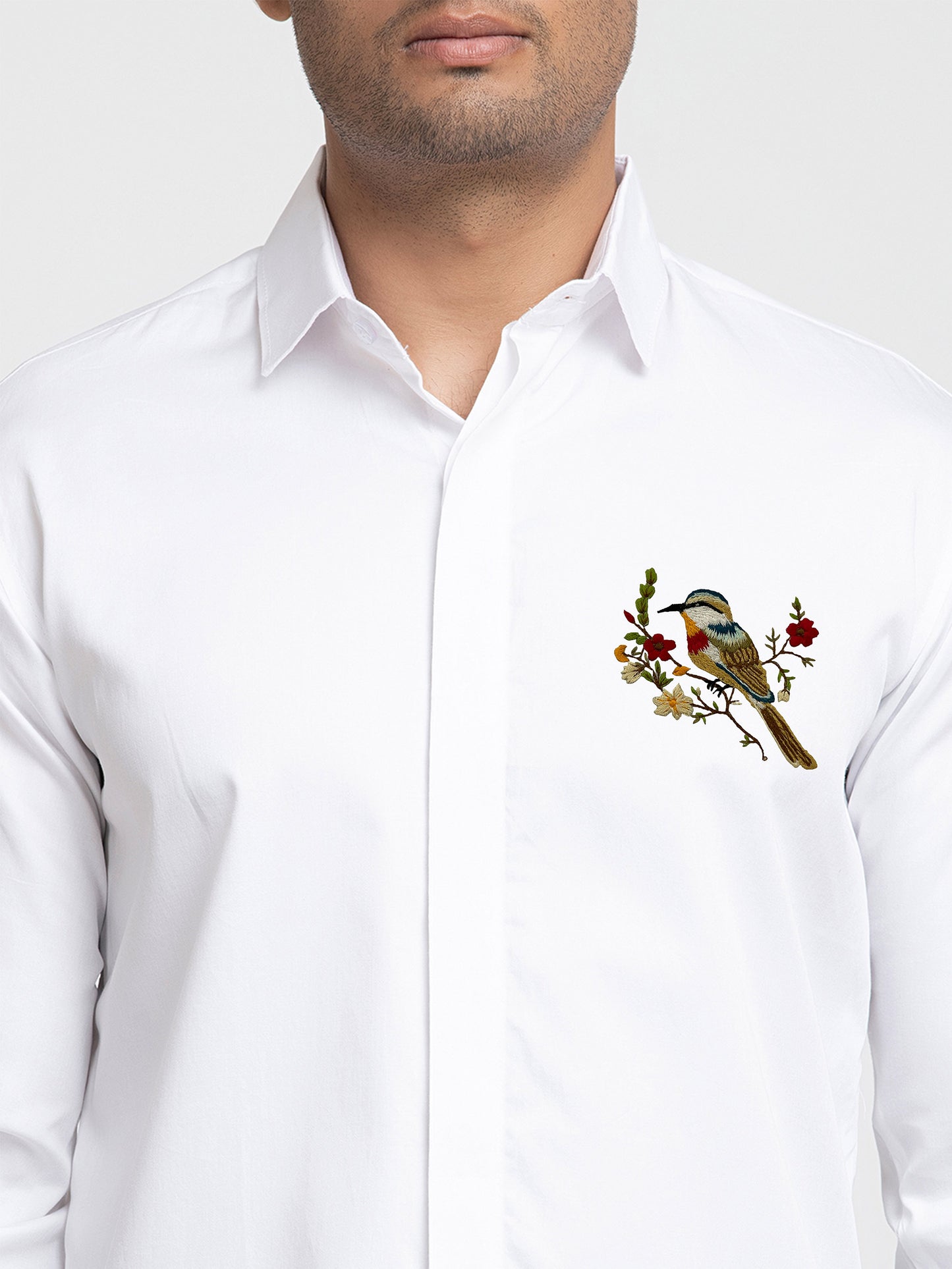 White Giza Cotton Bird and stem embroidery shirt