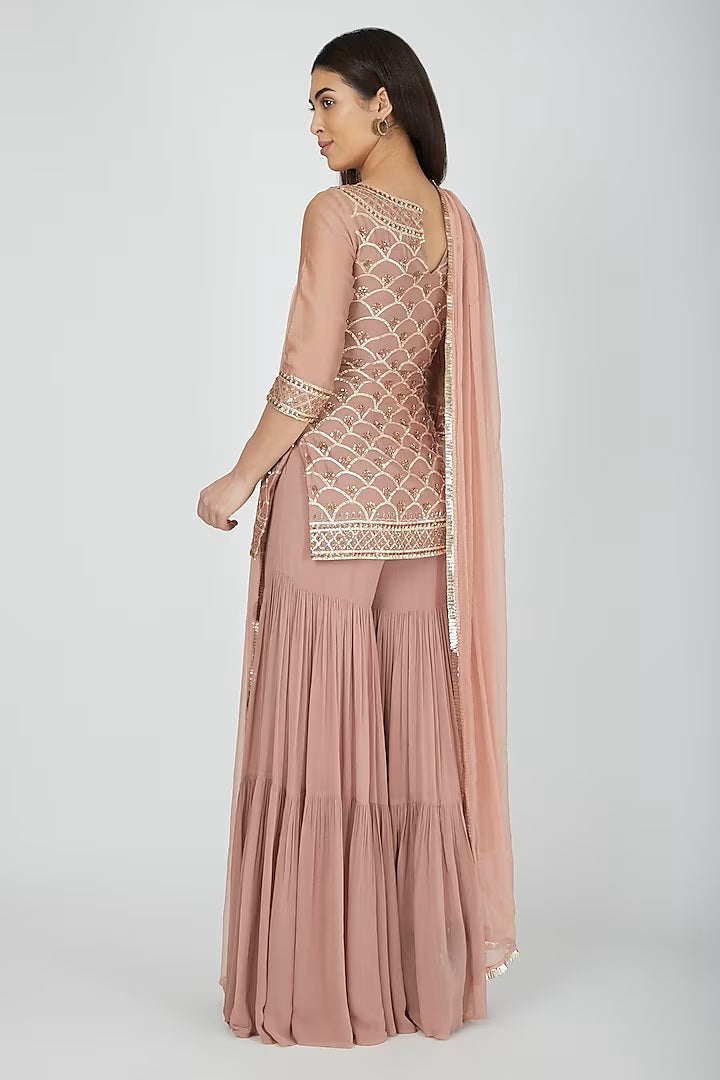 Peach Georgette Naksha Embroidery Split Chanderi Kurta Sharara Set