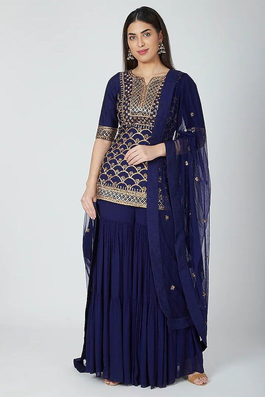 Dark Blue Sharara Set with Naksha ,Sequins Embellishments