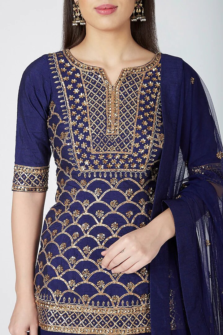 Dark Blue Sharara Set with Naksha ,Sequins Embellishments