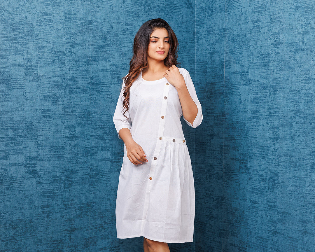 Pure Khadi Cotton Handwoven White Button Tunic