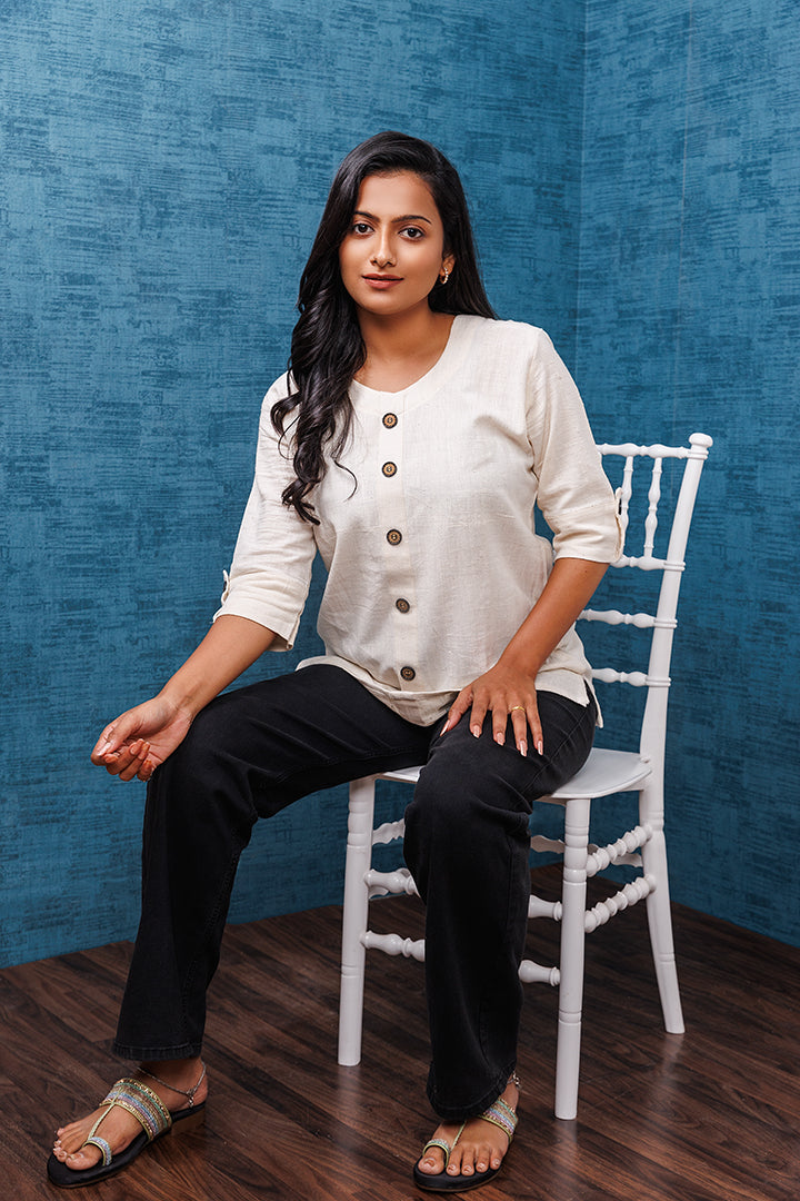 Pure Khadi Cotton Handwoven Off white Short Kurti