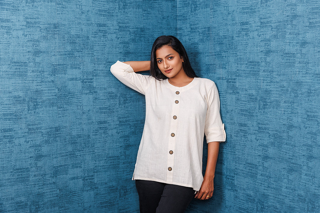 Pure Khadi Cotton Handwoven Off white Short Kurti