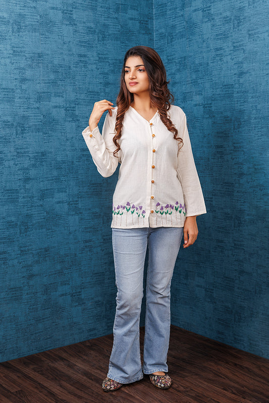 Pure Khadi Cotton Handwoven Off white Purple Shirt