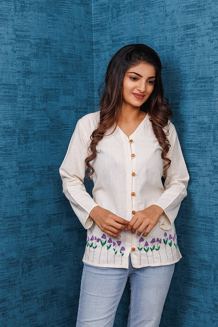 Pure Khadi Cotton Handwoven Off white Purple Shirt