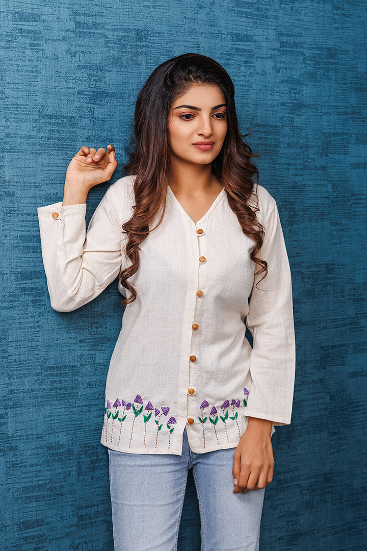 Pure Khadi Cotton Handwoven Off white Purple Shirt