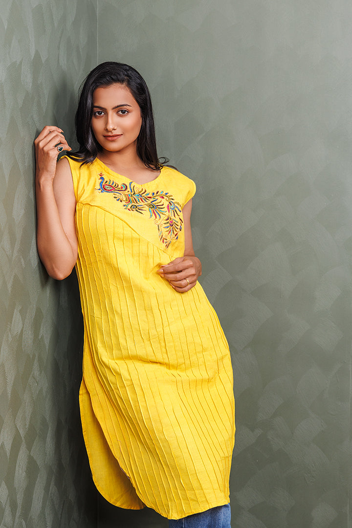 Pure Khadi Cotton Handwoven Yellow Kurti