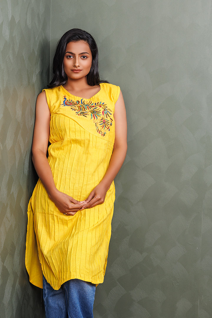 Pure Khadi Cotton Handwoven Yellow Kurti