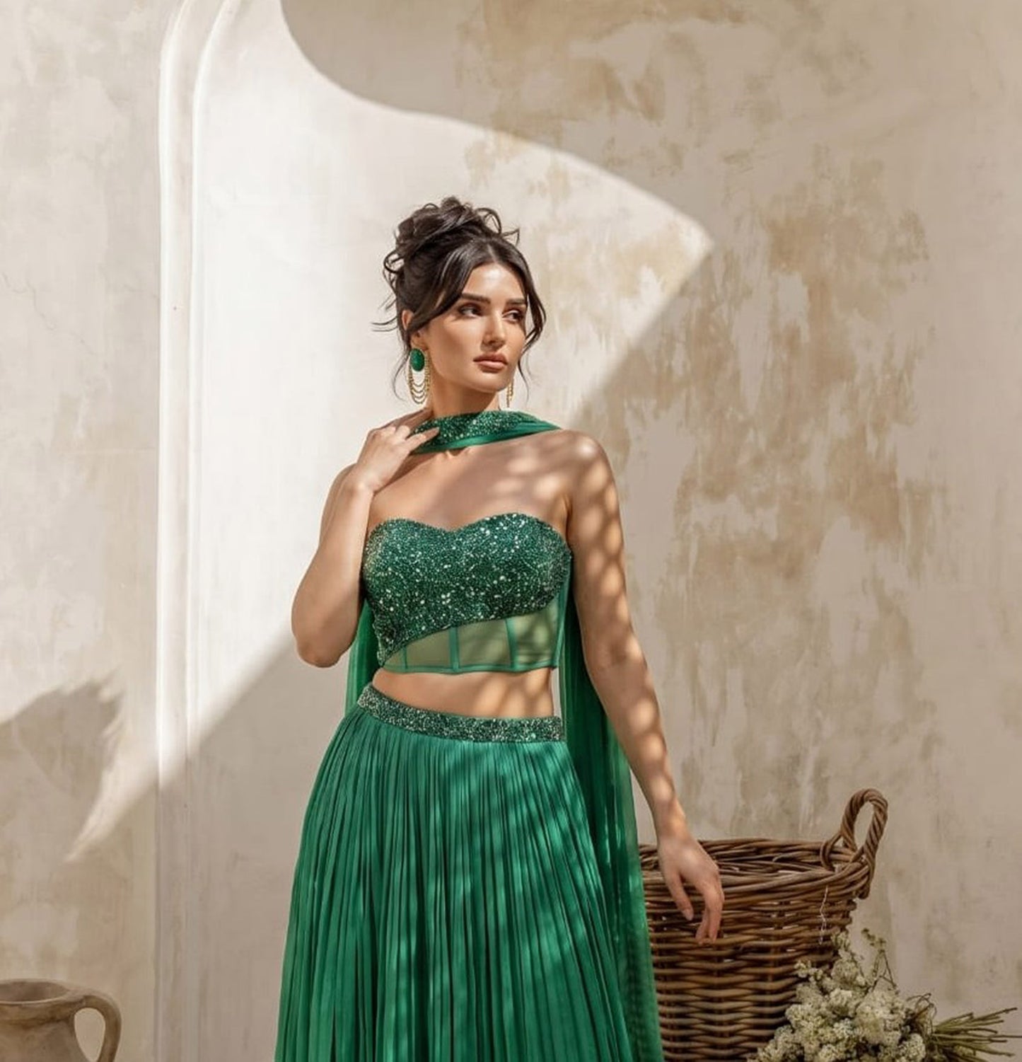 Emerald Green Corset Pure Chinnon Cutdana & Sequence Hand Work Party Wear pleated Skirt & Dupatta