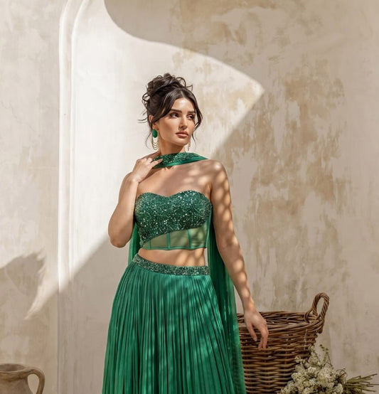Emerald Green Corset Pure Chinnon Cutdana & Sequence Hand Work Party Wear pleated Skirt & Dupatta