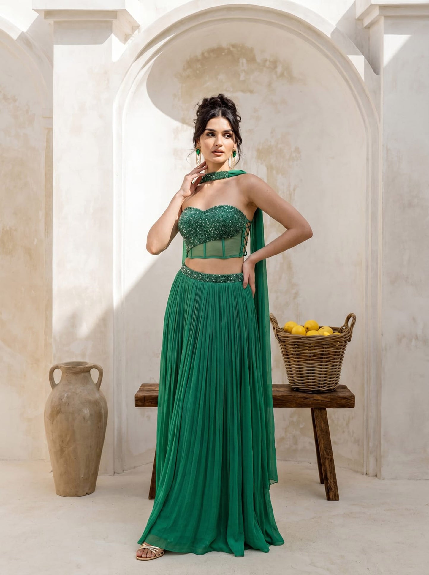 Emerald Green Corset Pure Chinnon Cutdana & Sequence Hand Work Party Wear pleated Skirt & Dupatta