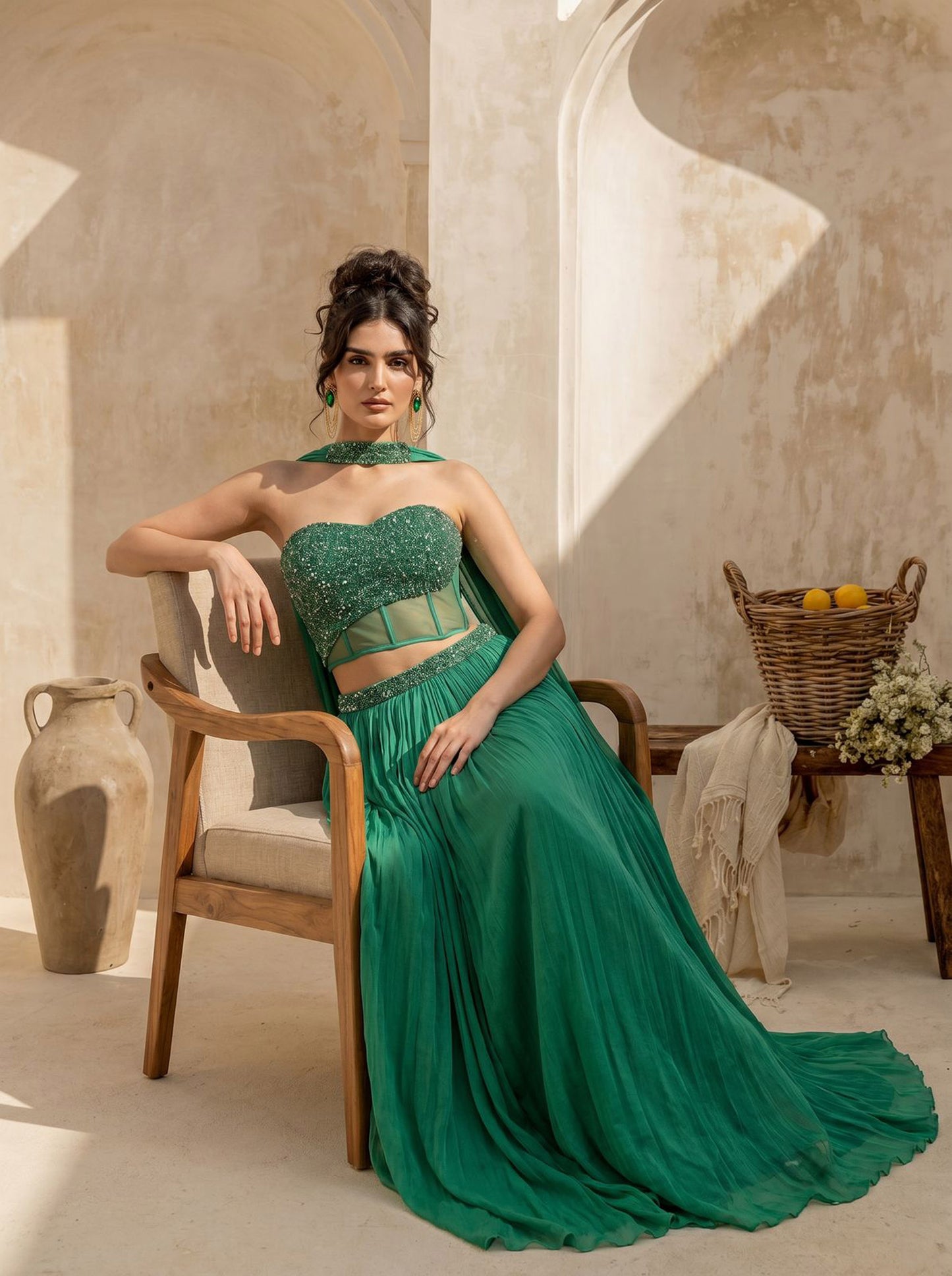 Emerald Green Corset Pure Chinnon Cutdana & Sequence Hand Work Party Wear pleated Skirt & Dupatta