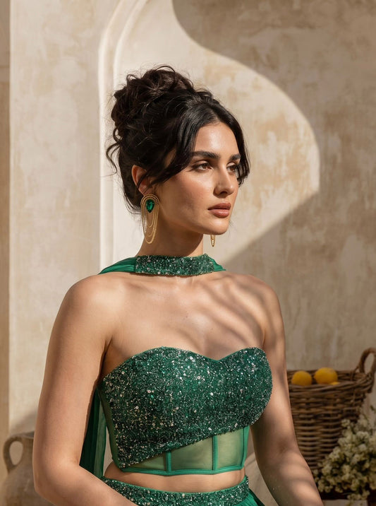 Emerald Green Corset Pure Chinnon Cutdana & Sequence Hand Work Party Wear pleated Skirt & Dupatta