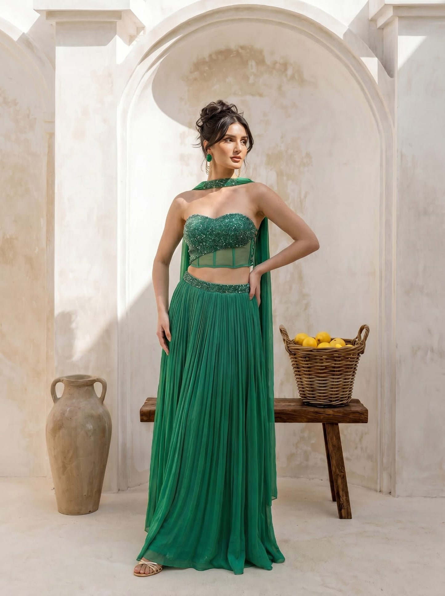 Emerald Green Corset Pure Chinnon Cutdana & Sequence Hand Work Party Wear pleated Skirt & Dupatta