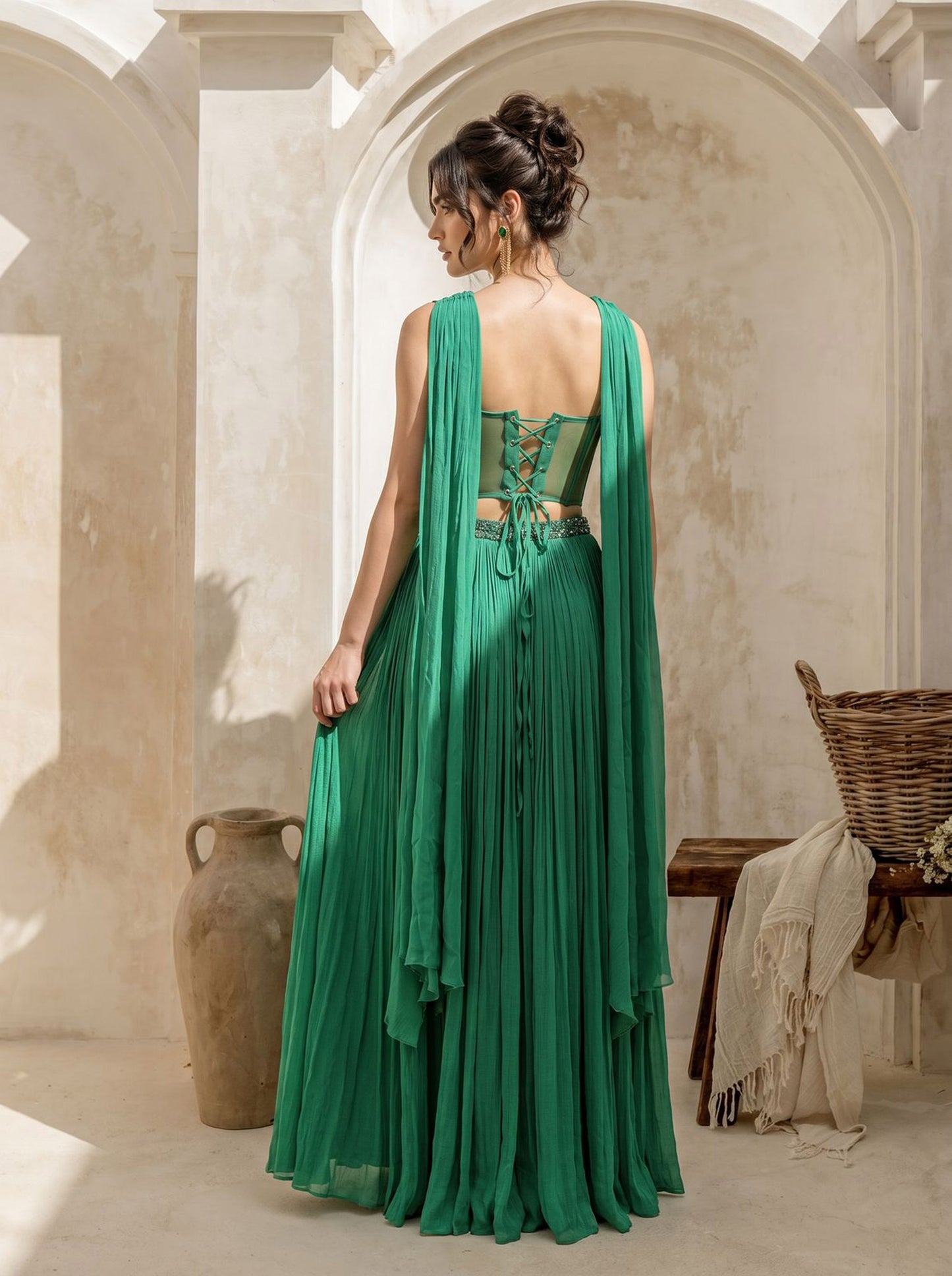 Emerald Green Corset Pure Chinnon Cutdana & Sequence Hand Work Party Wear pleated Skirt & Dupatta