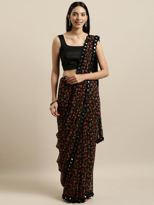 Black & Red Floral Crepe Print Saree With Blouse
