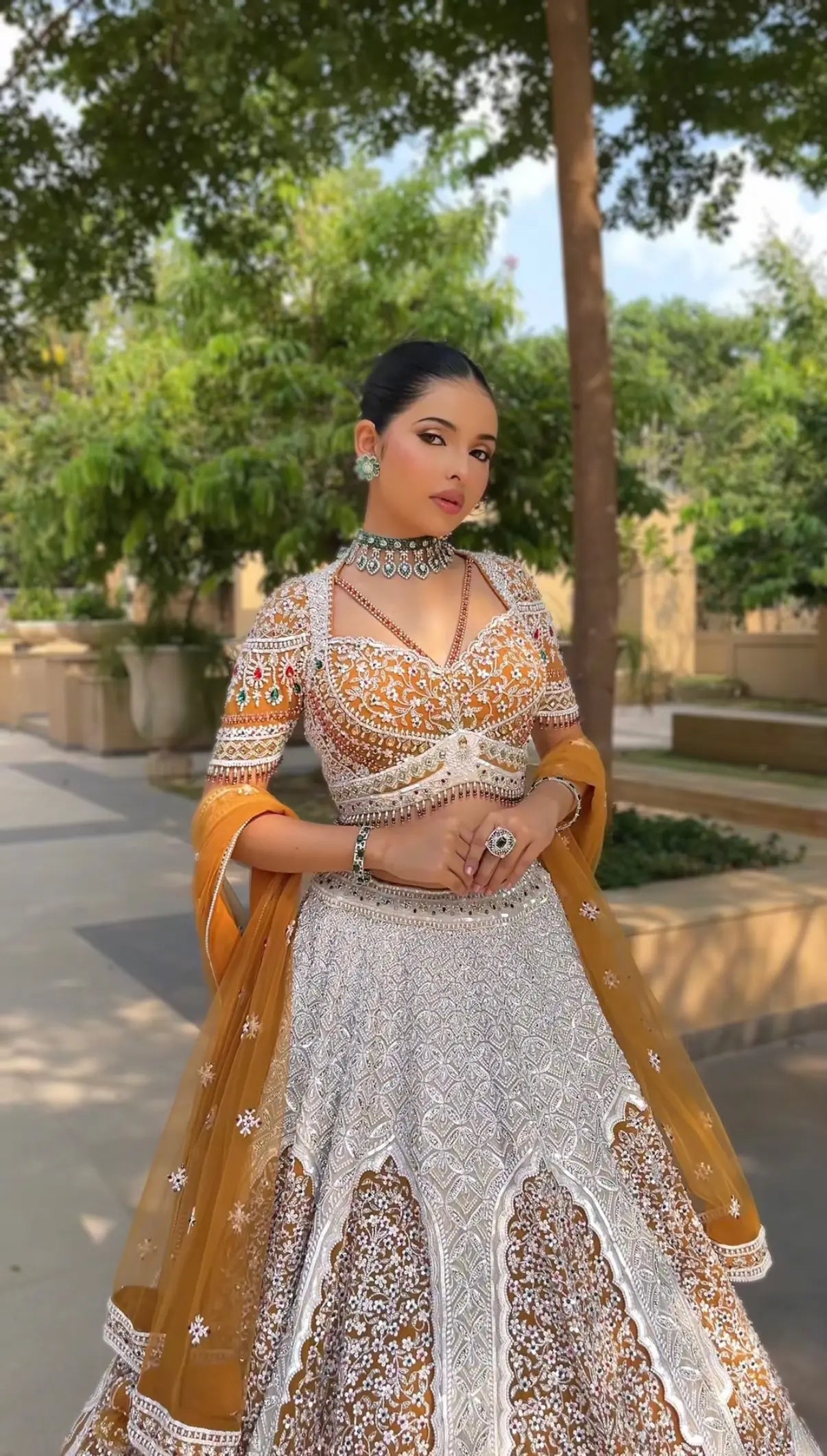 Mustard Georgette Taj Motif Bridal Lehenga