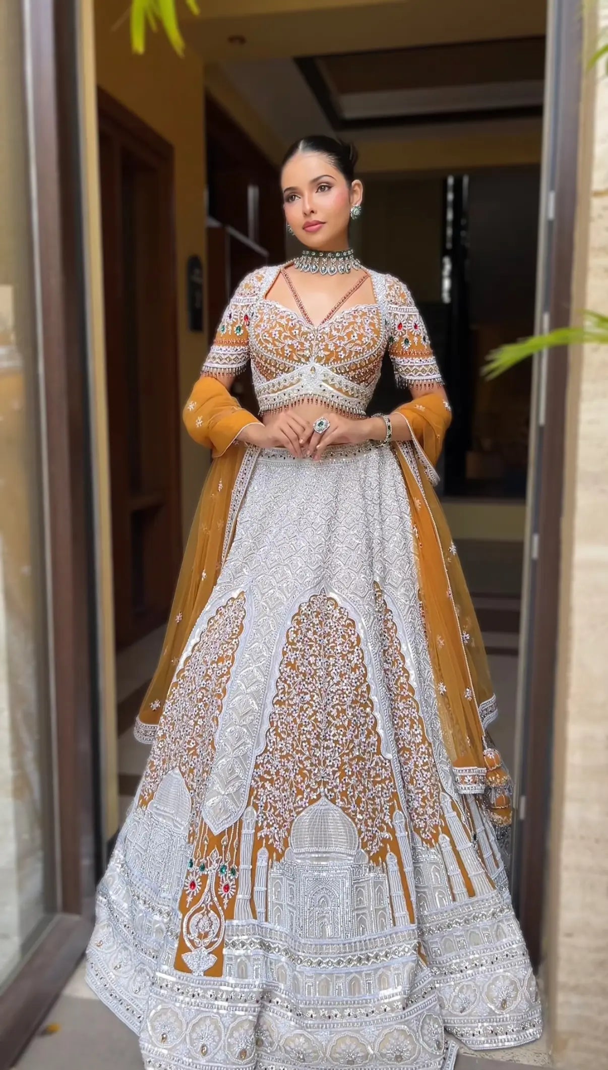 Mustard Georgette Taj Motif Bridal Lehenga