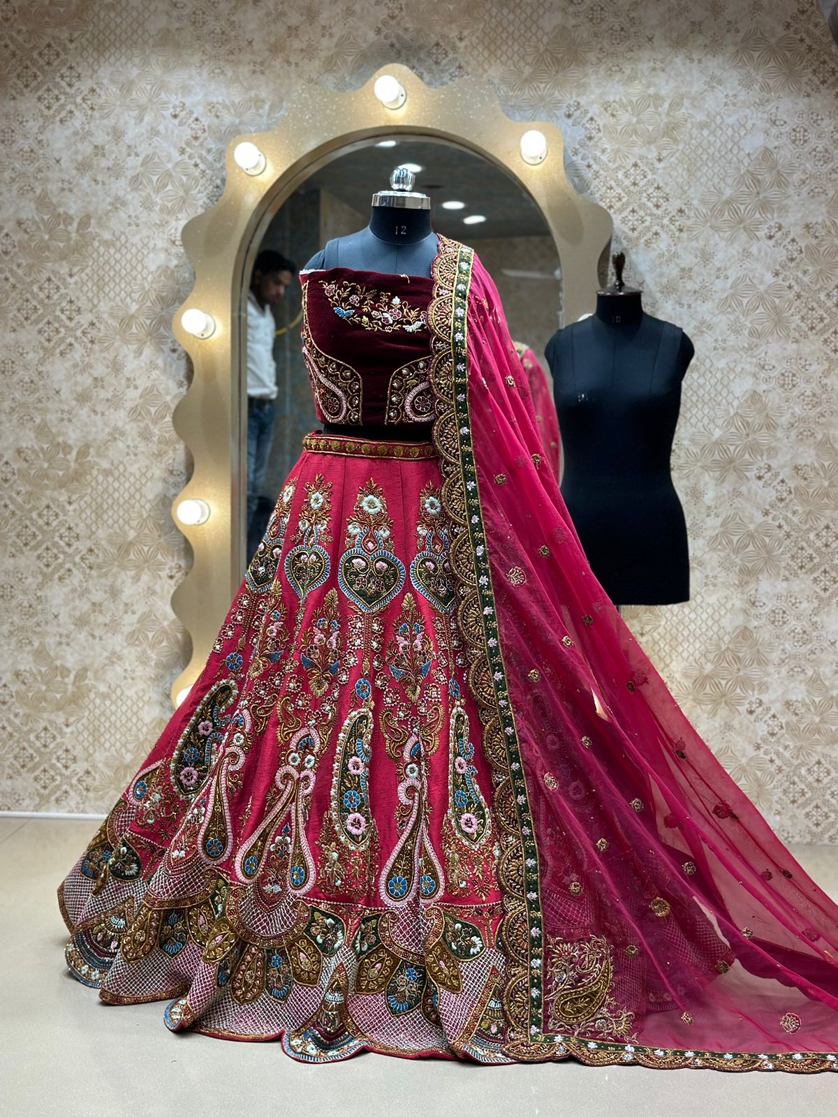 Fire Brick Red Raw Silk  Sequence and pearl Bridal Lehenga