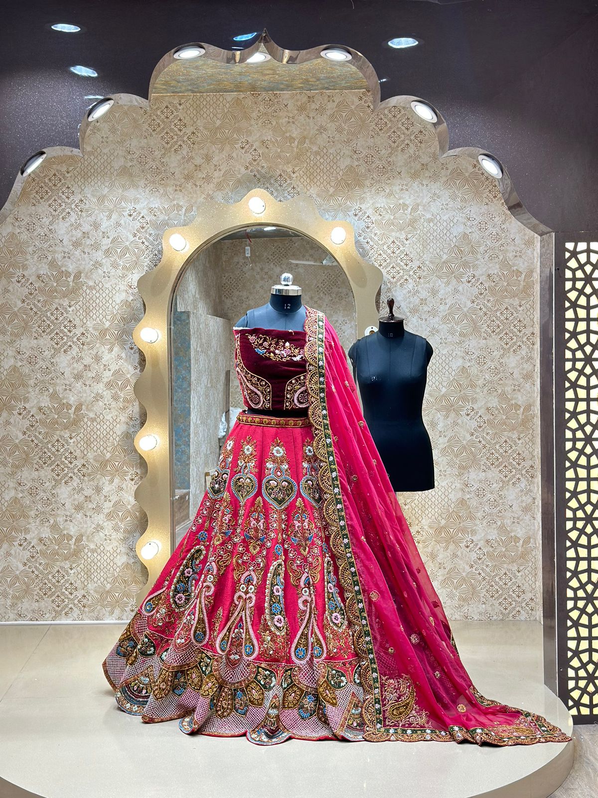 Fire Brick Red Raw Silk  Sequence and pearl Bridal Lehenga