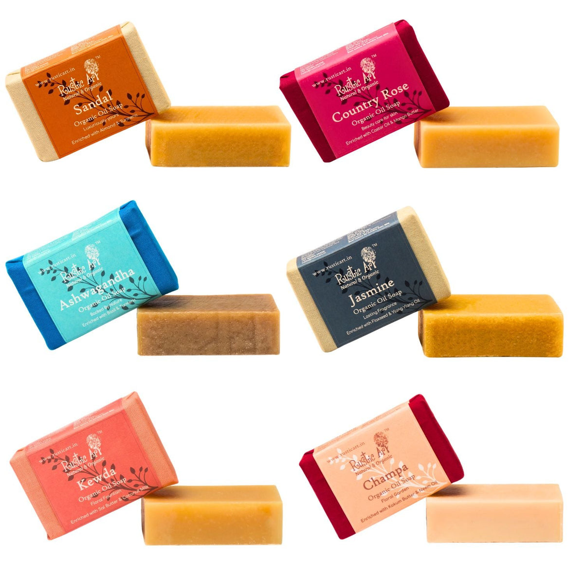 Fragrance of India | Organic Soaps Gift Set, Pack of 6 Soaps | Sandal, Jasmine, Champa, Kewda, Country Rose, Ashwagandha, Rustic Art