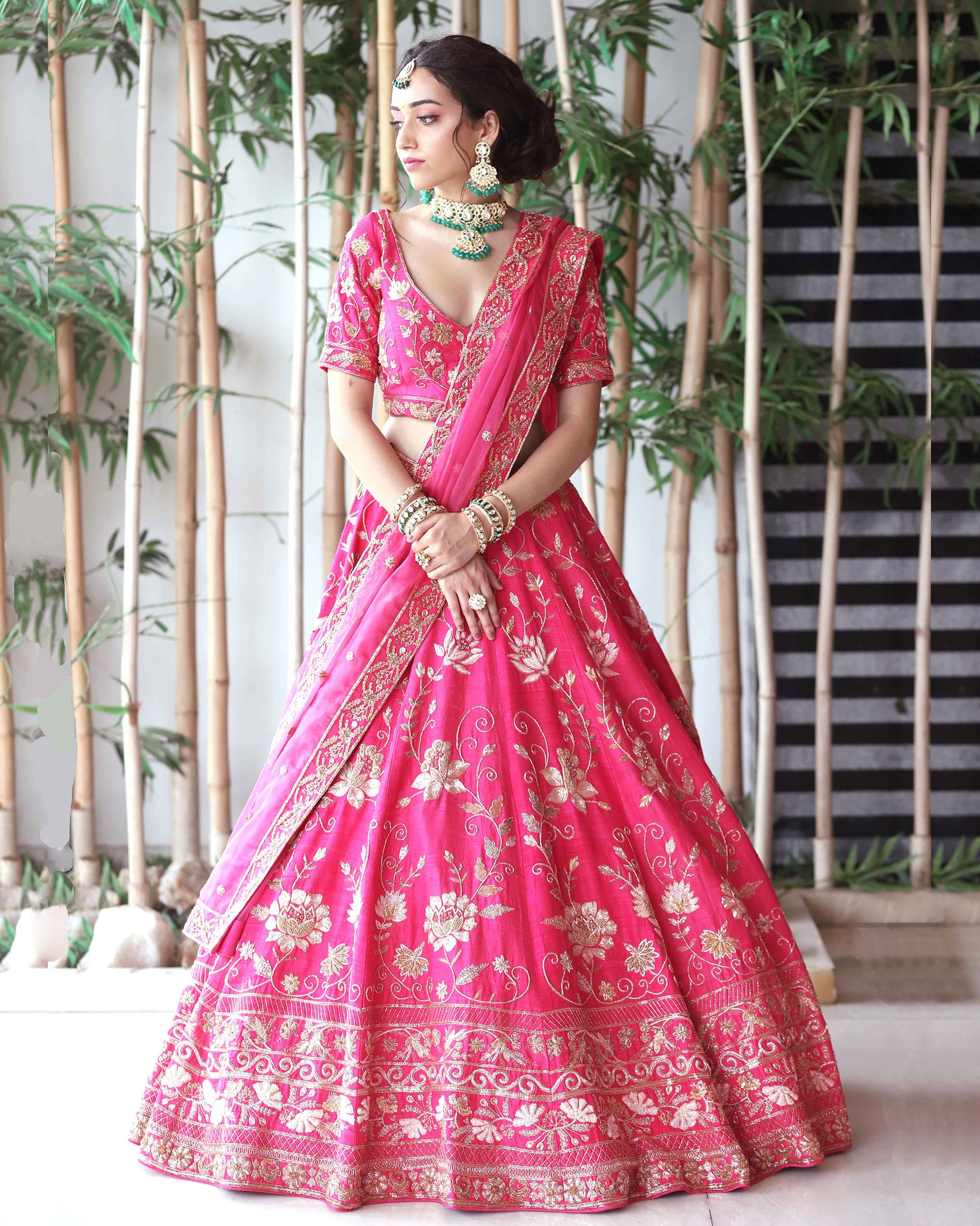 Blooming Lotus Garden Bridal Lehenga Set- Pink XS