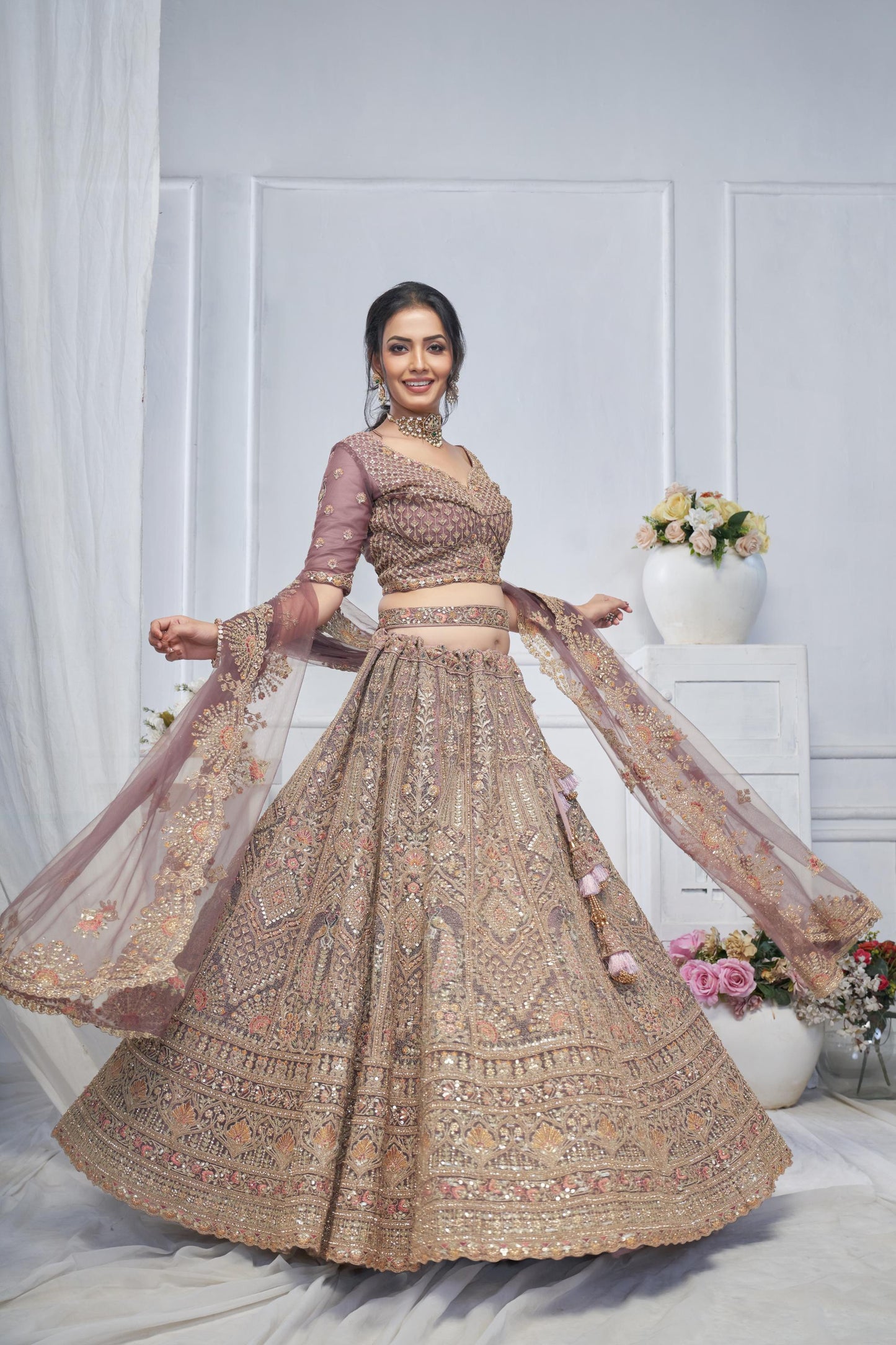 Purple Soft Net With Paisley And Peacock Motifs  Bridal Lehenga