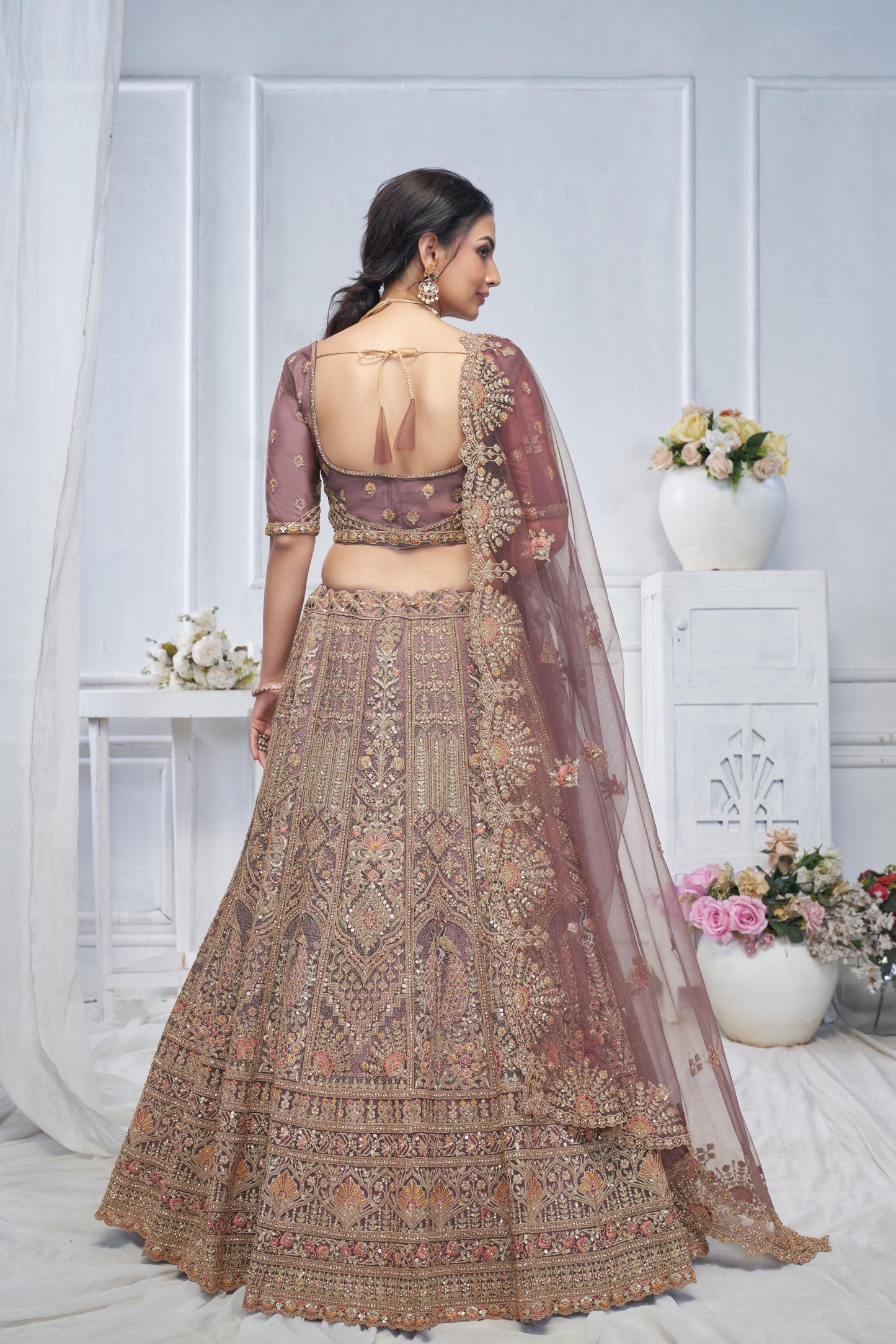 Purple Soft Net With Paisley And Peacock Motifs  Bridal Lehenga