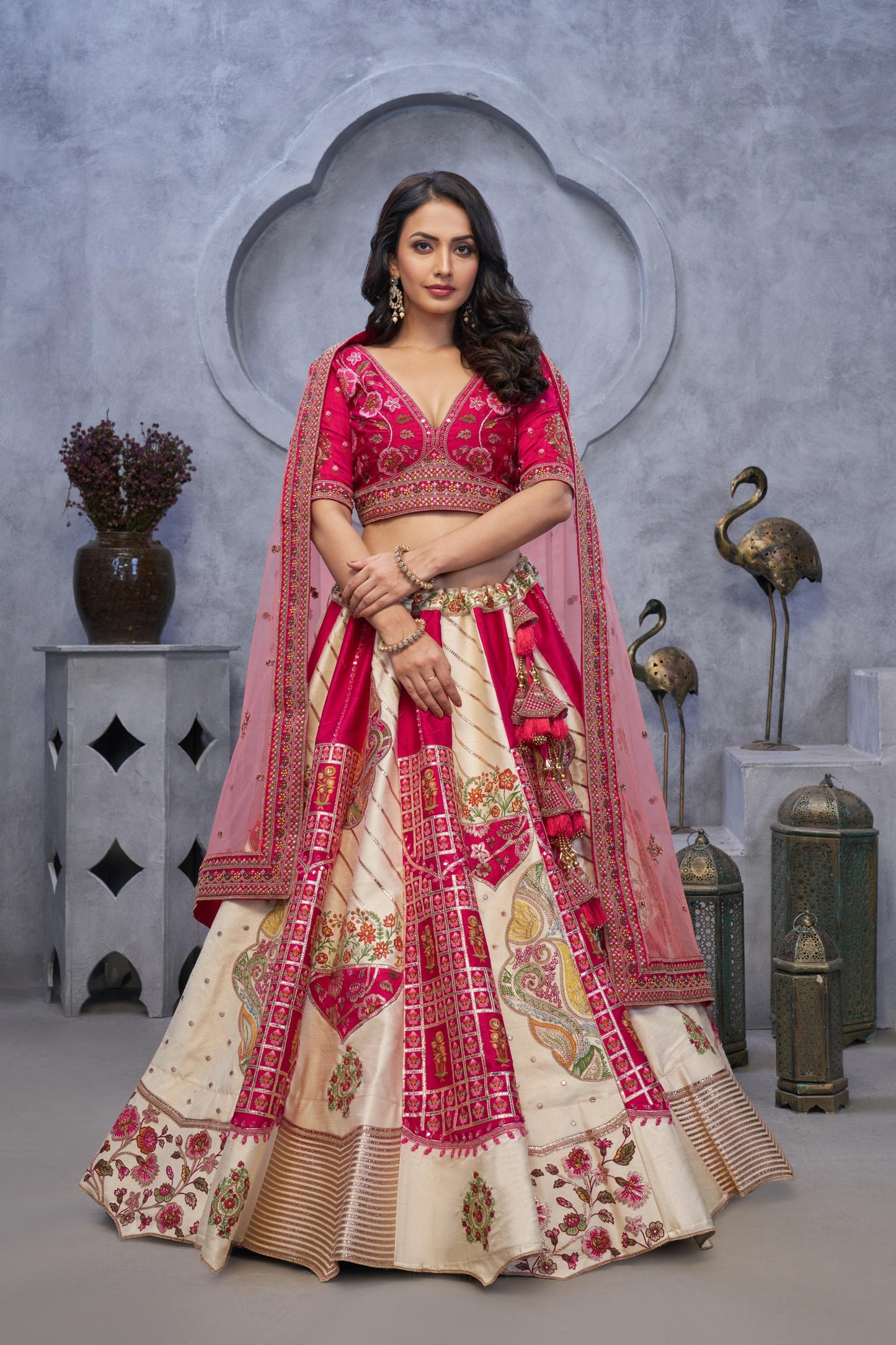 Red and White Raw Silk Bridal Lehenga with Paisley Motifs and Sheer Pink Dupatta