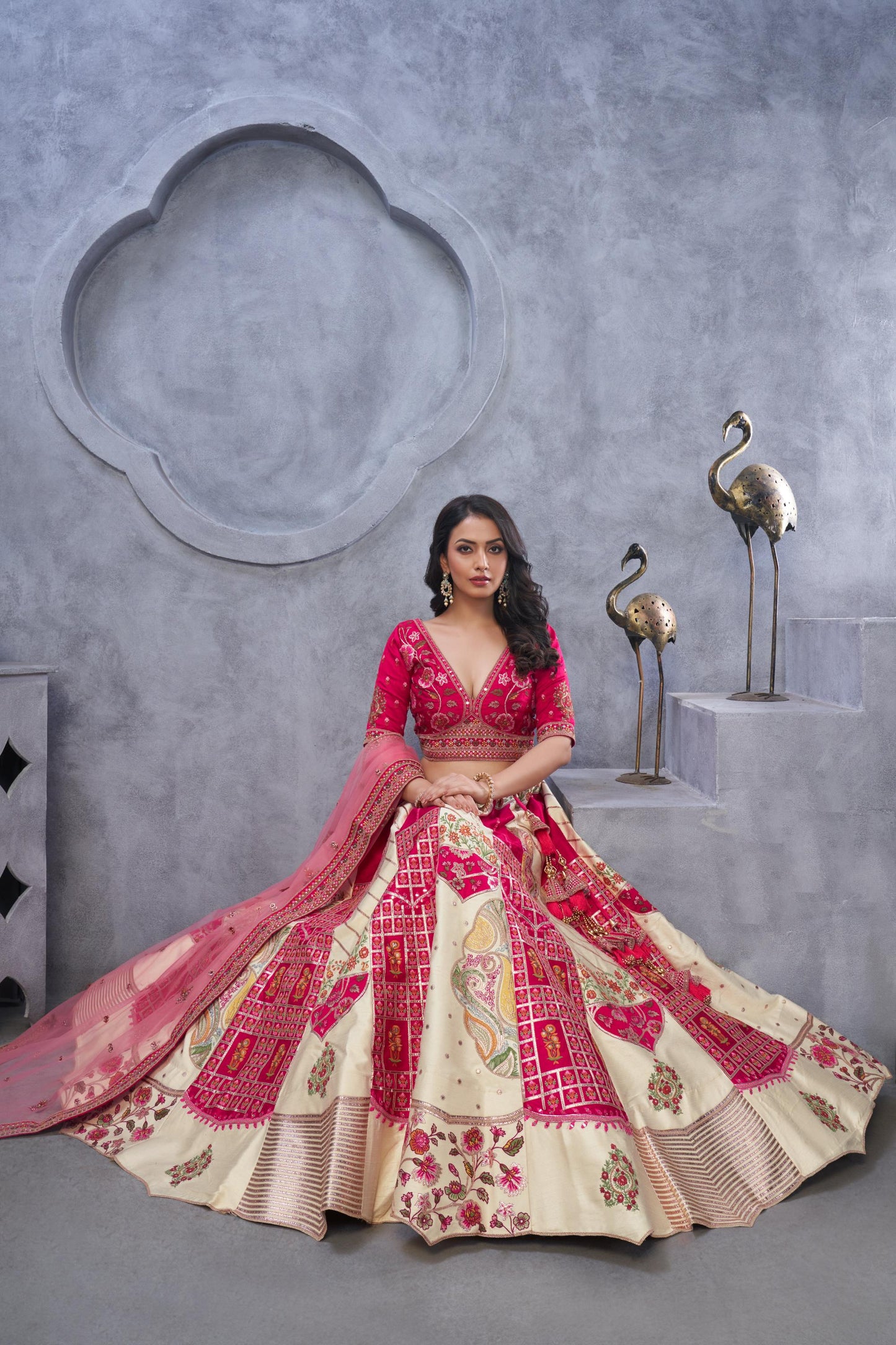 Red and White Raw Silk Bridal Lehenga with Paisley Motifs and Sheer Pink Dupatta