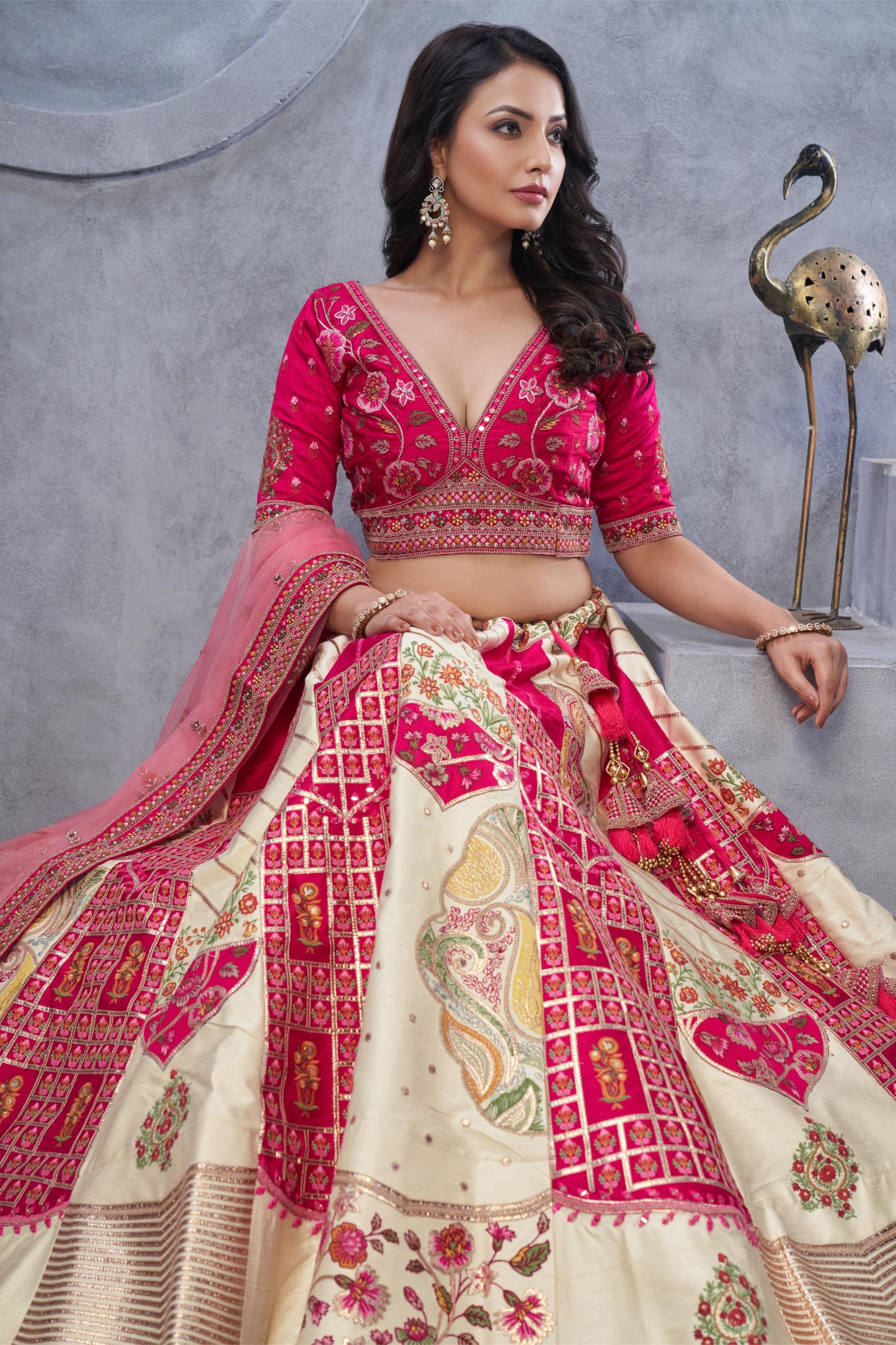 Red and White Raw Silk Bridal Lehenga with Paisley Motifs and Sheer Pink Dupatta